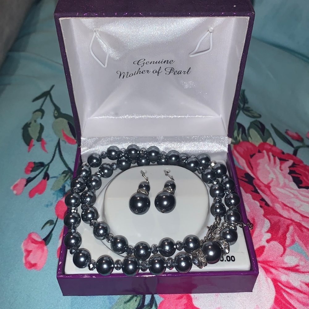 Genuine Mother of Pearl with Bling Necklace & Earrings Set